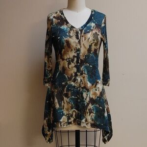 Mechant Cardigan Abstract Floral in Teal & Tan Size S